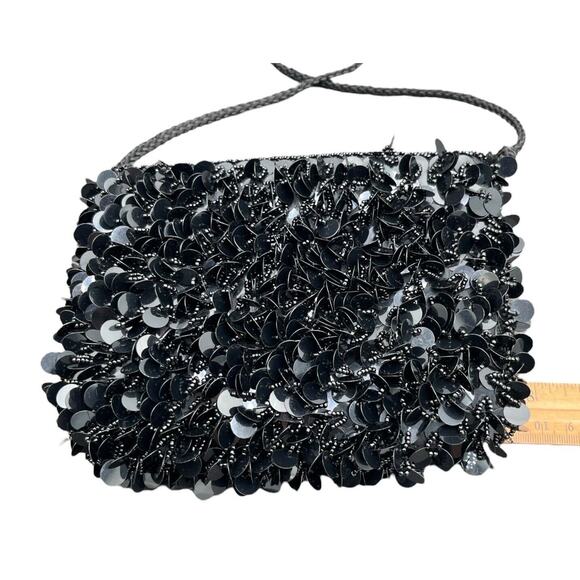 Vintage Black Sequin & Beaded Bag Evening Purse Strap Crossbody Zip Close EUC - Picture 4 of 9